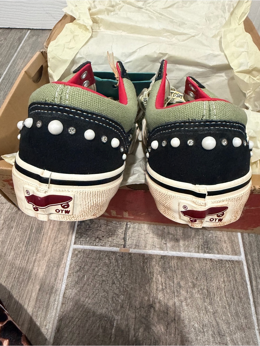 Vans OTW x Satoshi Nakamoto Olive and Black Pearl-Trim Slip-On Sneakers - Picture 5 of 9